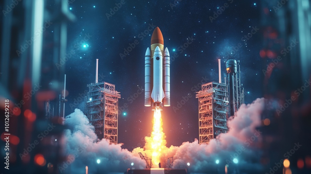 Aufkleber render of a new product or service launch, featuring a 3d space rocket launch and detailed technolog