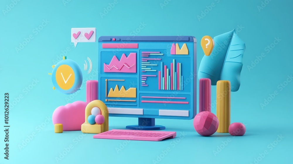 Poster render of a 3d seo optimization scene with web analytics visuals, marketing strategies, and data met