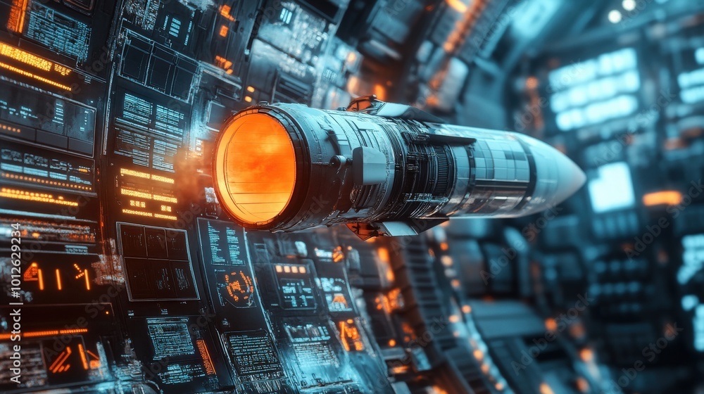 Poster render of a new product or service launch with a 3d space rocket and technology development elements
