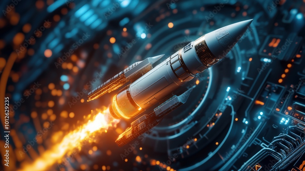 Poster render of a new product or service launch with a 3d space rocket and technology development elements