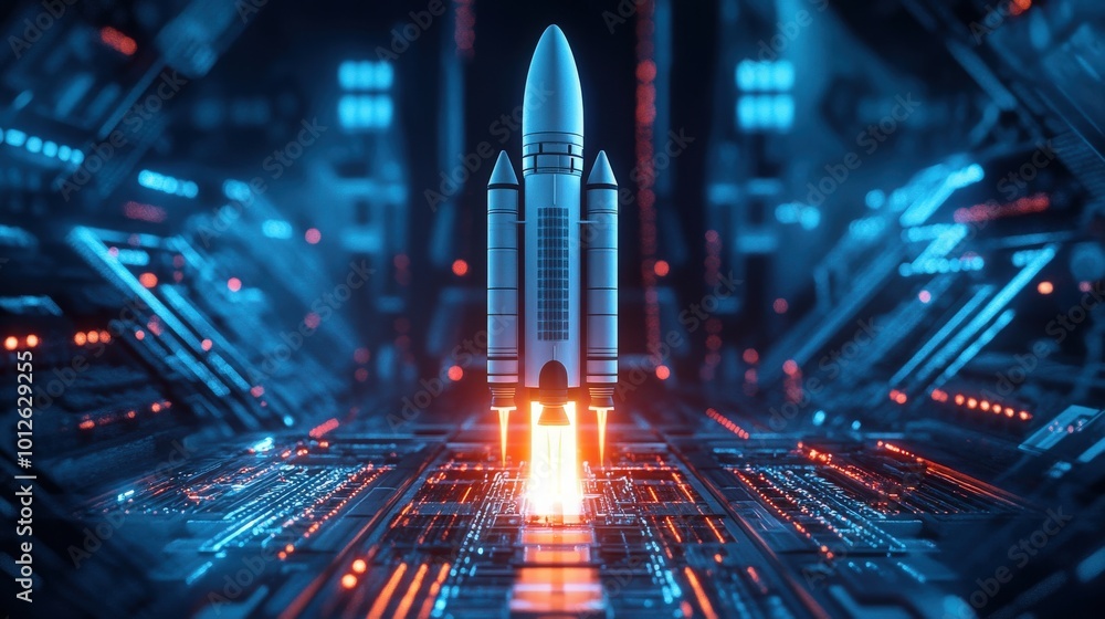 Poster render of a new product or service launch with a 3d space rocket and technology development elements