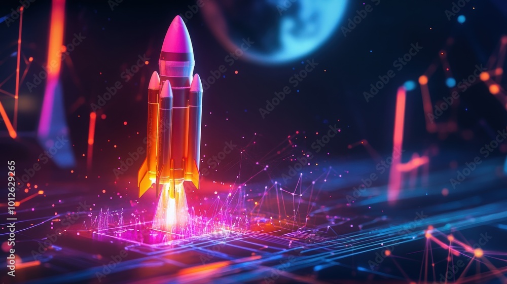 Poster render of a new product or service launch with a 3d space rocket and technology development elements