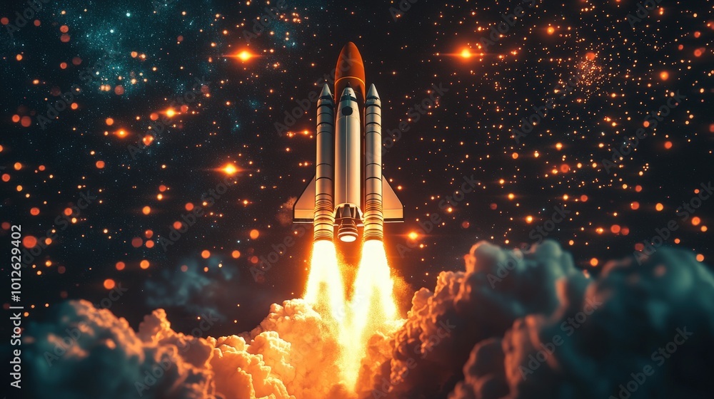 Poster render of the technology development journey culminating in a space rocket launch, highlighting the 