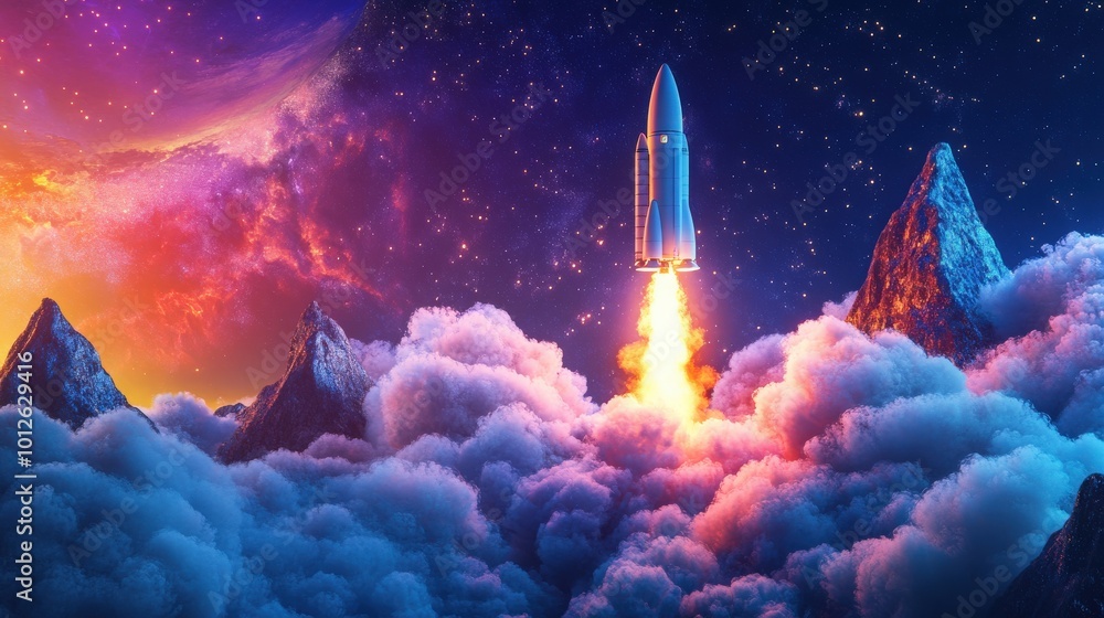 Poster render of the technology development journey culminating in a space rocket launch, highlighting the 