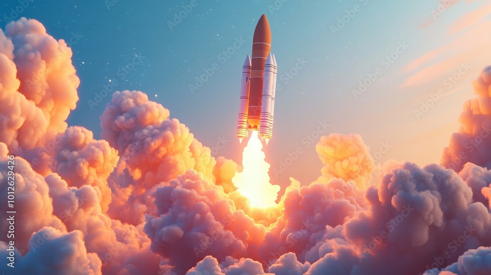 Poster render of the technology development journey culminating in a space rocket launch, highlighting the 