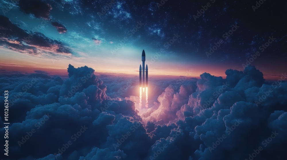 Poster render of the technology development journey culminating in a space rocket launch, highlighting the 