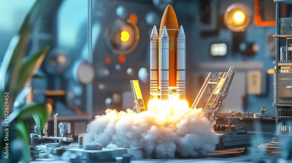 Poster render of the technology development process culminating in a space rocket launch, symbolizing the i