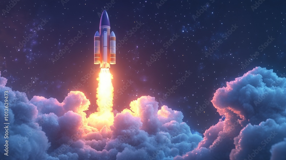 Poster render of the technology development process culminating in a space rocket launch, symbolizing the i