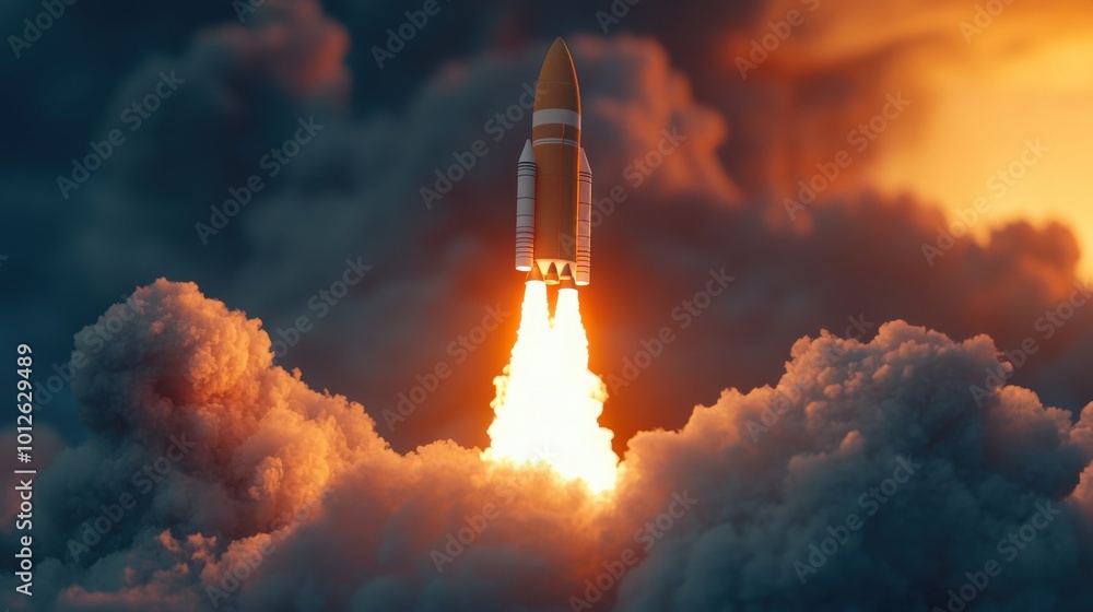 Poster render of the technology development process culminating in a space rocket launch, symbolizing the i