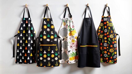 A collection of colorful aprons displayed on a wall.