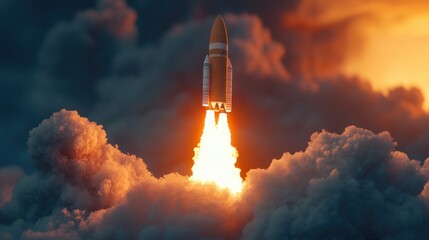 Render of the technology development process culminating in a space rocket launch, symbolizing the introduction of a new product or service in 3D