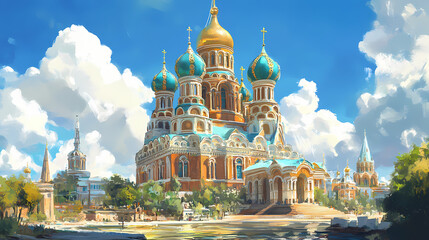 Fototapeta premium Ornate russian orthodox cathedral in cote d'azur, france exuding grandeur and spirituality, st nicholas, orthodox. Russian Cathedral. Illustration
