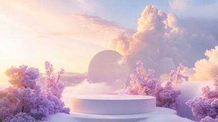Romantic 3D scene with a podium and dreamy sky backdrop, perfect for showcasing natural beauty products