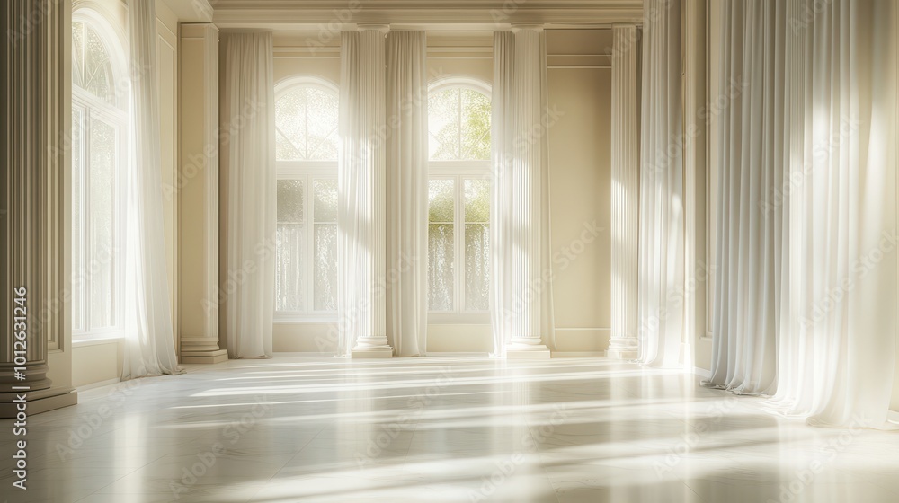 Poster minimalist interior with elegant white columns and soft shadows, creating a tranquil and sophisticat