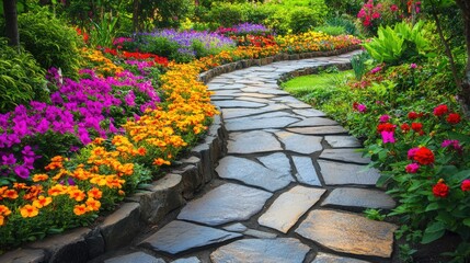 Obraz premium A beautiful garden pathway made from natural stone, winding through vibrant flower beds, surrounded by lush greenery, creating a serene and picturesque outdoor scene.