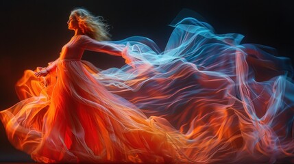 Naklejka premium Woman in Flowing Dress with Dramatic Lighting