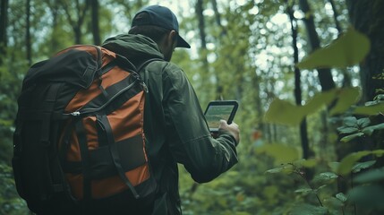 A man brings backpack and digital map in forest mountain adventure activity with sun light