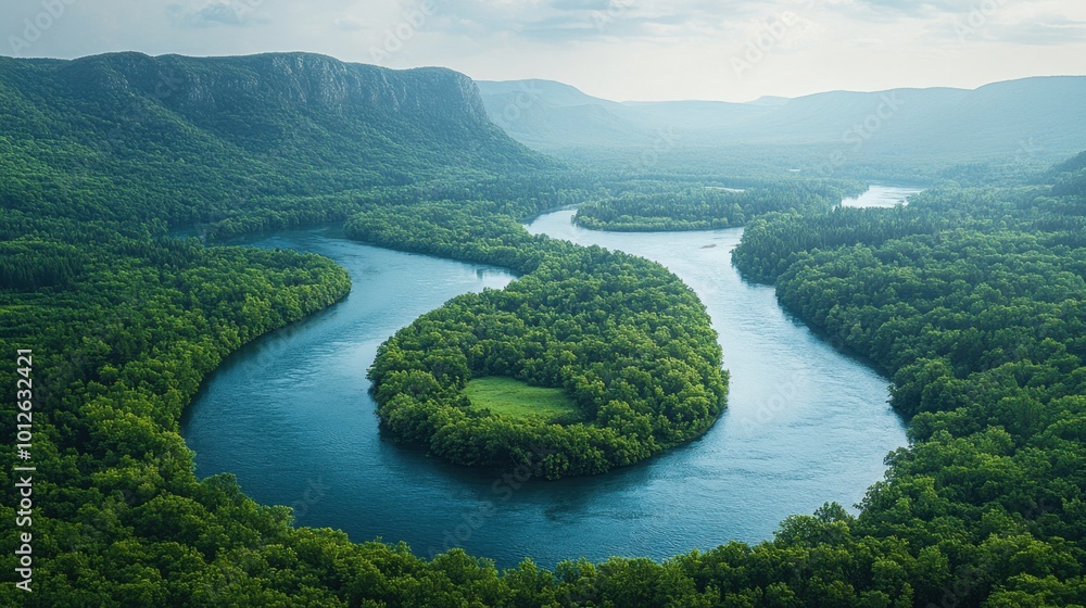 Wall mural aerial view of a winding river cutting through a lush valley, captured from a high vantage point, sh