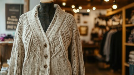 A close-up of detailed knitting patterns on a handwoven cardigan, displayed on a mannequin in a well-lit, modern boutique shop.