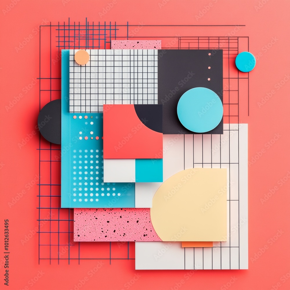 Poster abstract geometric shapes with grid pattern on red background
