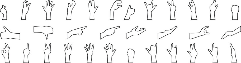 Hand gesture icon set. All type of hand emojis, gestures, stickers, emoticons line vector illustration symbols. Hands, handshakes, muscle, finger, fist, direction, like, unlike, fingers collection