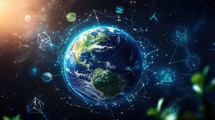 Obraz premium A beautiful visualization of Earth with various environmental elements, surrounded by symbols of innovation and technology,