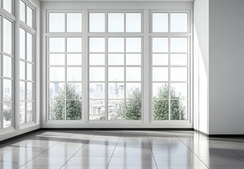 Spacious Empty Room with Large Windows and City View