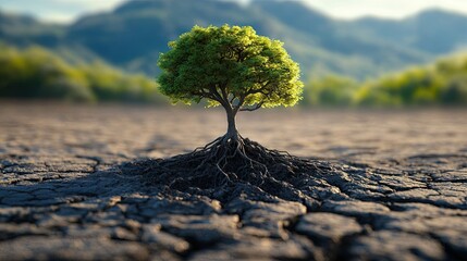A captivating visual of a 3D tree emerging from dry soil, with a focus on its roots, illustrating the connection between land restoration and ecological health.