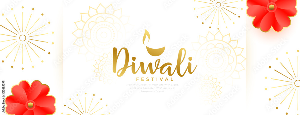 Wall mural white golden happy diwali greeting white banner with floral decor