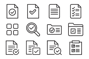 Files, checkmark, find, search, paper related editable icon set isolated flat vector illustration white background