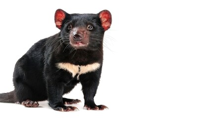 Tasmanian devil - Sarcophilus harrisii - is a carnivorous marsupial extinct from Australia only found in Tasmania. Isolated on white background with copy space. stocky and muscular build, black fur