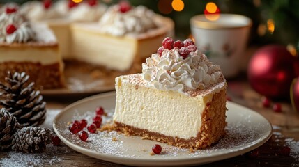 Generative AI image of a rich and creamy cheesecake slice topped with whipped cream, served on a festive table with a full cheesecake and cup in the background