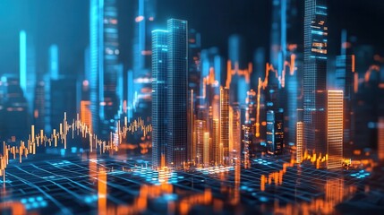 Obraz premium Futuristic digital cityscape, financial growth concept with skyscrapers, 3D illustration