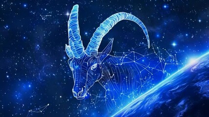 A digital illustration of a Capricorn goat against a starry background.