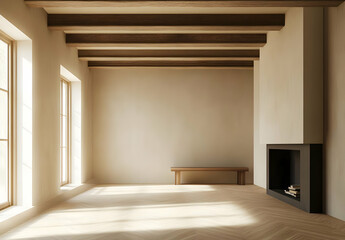 Fototapeta premium Modern Empty Room with Parquet Flooring and Fireplace