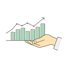 Hand with a bar graph and another with a graph bar, representing statistical data visualization isolated doodle flat vector illustration on white background