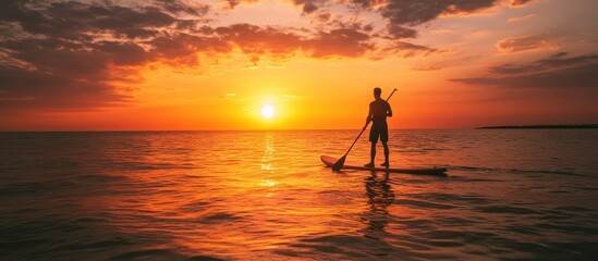 Silhouette of a man paddleboarding at sunset with orange sky and water.