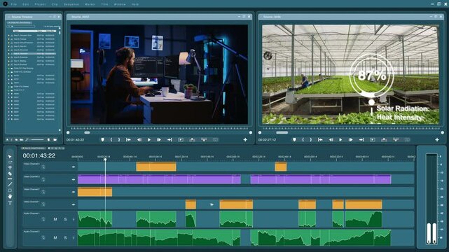 Video editor software interface used for professionally retouching clips, trimming and splicing to produce multimedia content. Videography program UI showing footage being modified, for film industry