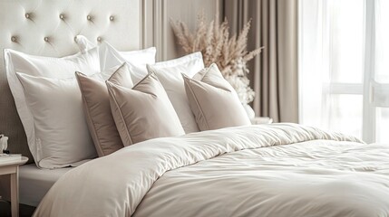 A luxurious hotel suite bed with a soft duvet and large pillows, perfectly arranged, with decorative accents in the background.