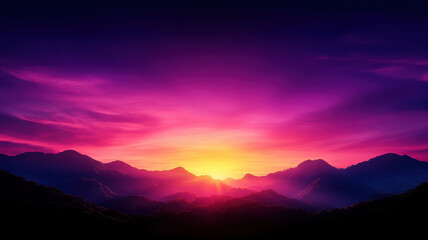 Obraz premium A beautiful sunset over a mountain range with a purple sky. The mountains are covered in trees and the sky is a deep purple color
