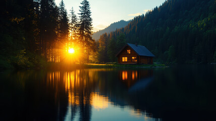 Fototapeta premium A cabin is sitting on a lake with the sun setting in the background. The cabin is surrounded by trees and the water is calm. The scene is peaceful and serene