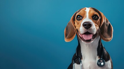 A delightful portrait of a beagle dog with a stethoscope, positioned in front of a blue background, conveying the message of health and care in veterinary medicine.