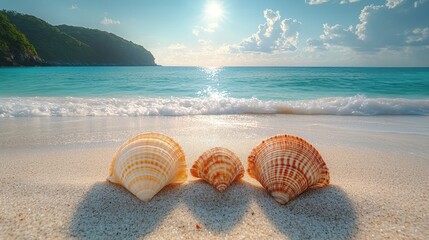 Calm beach with seashells on the sand, viewed from a low angle, emphasizing the details and summer vibe 