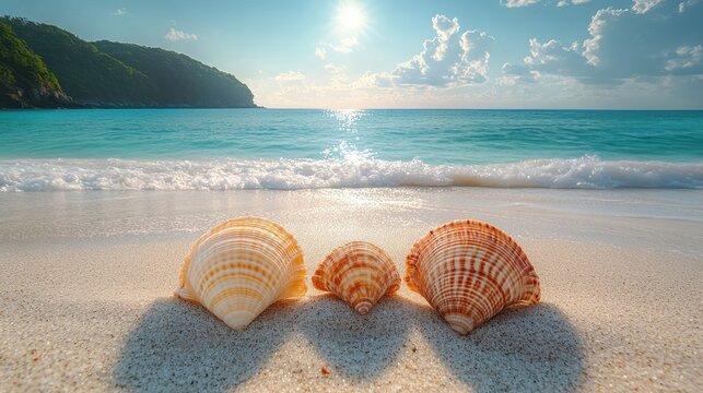 Calm beach with seashells on the sand, viewed from a low angle, emphasizing the details and summer vibe 