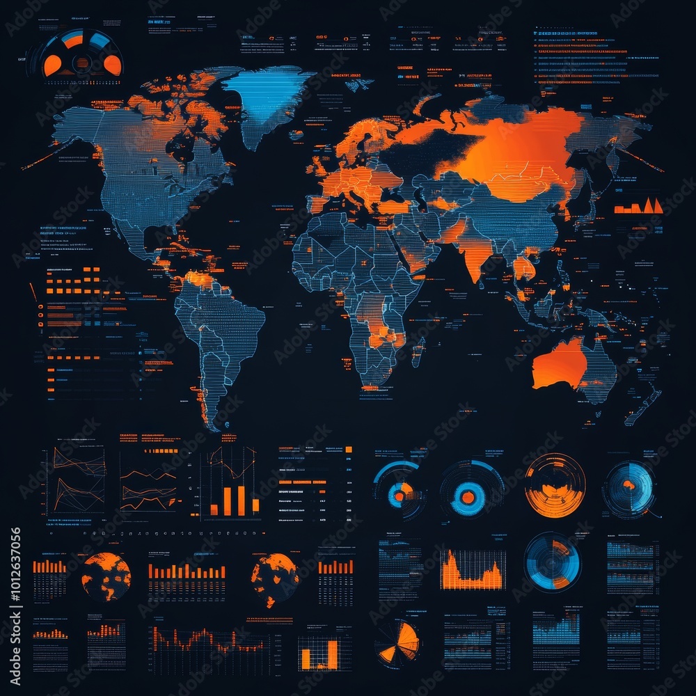 Aufkleber futuristic world map with data visualization and graphs