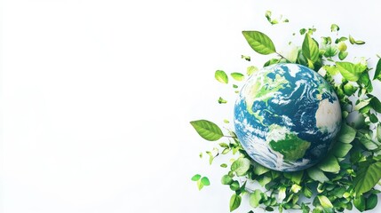 A dynamic composition of a globe and leaves, merging the concepts of ecology and investment, ideal for conveying messages of sustainability on a bright white background.