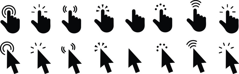 Computer flat mouse click cursor arrow icons set and loading icons. Cursor icon. Vector illustration. Mouse click cursor collection.