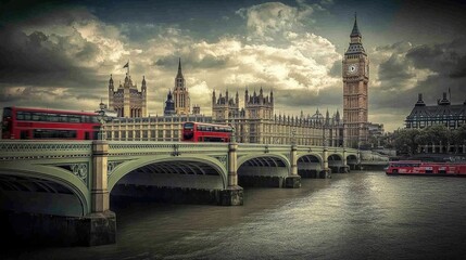 Naklejka premium A picturesque scene of Big Ben and the Houses of Parliament in London, with the River Thames flowing calmly and iconic red double-decker buses crossing the bridge.