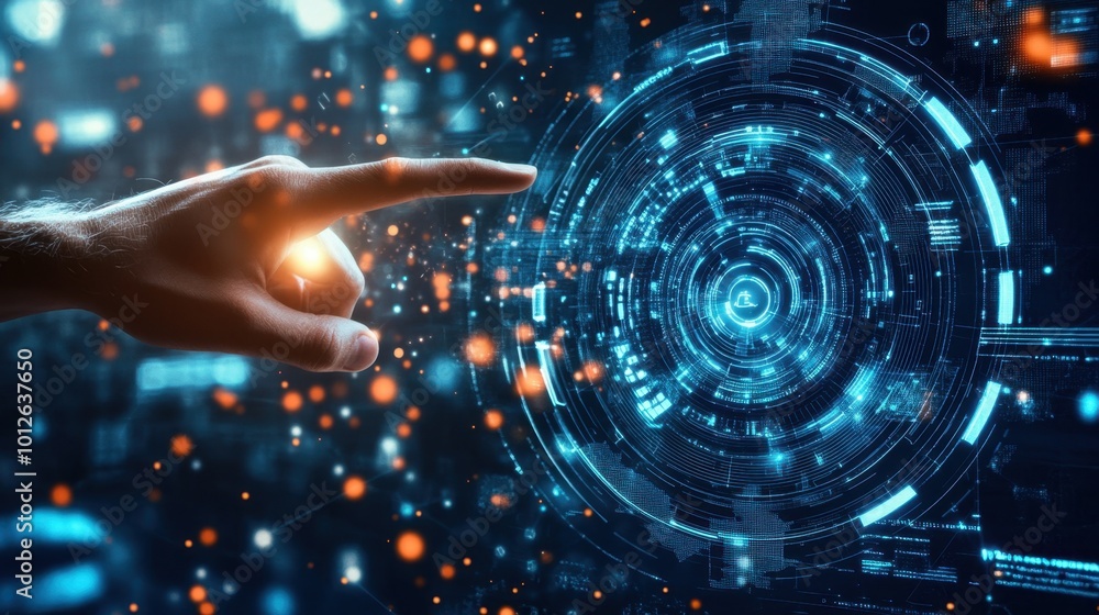 Poster a hand touching a virtual screen with a circular diagram, highlighting technology innovation. the br