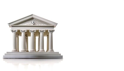 Fototapeta premium Toy model courthouse or court house, a structure which houses judicial functions for a governmental entity such as a state, region, province, county, regency, isolated on white with copy space